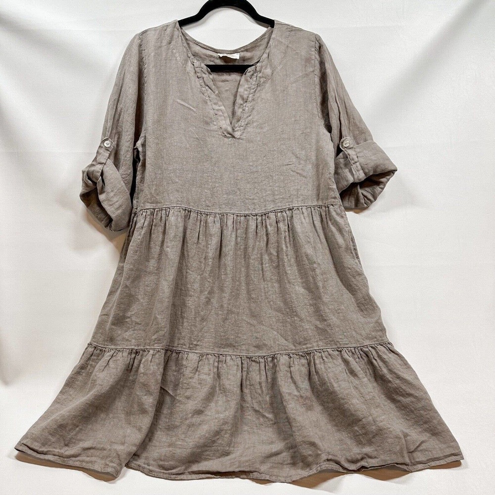 Bellambra Taupe Tiered Linen Dress M Made in Italy Roll Tab Sleeve Split V Neck